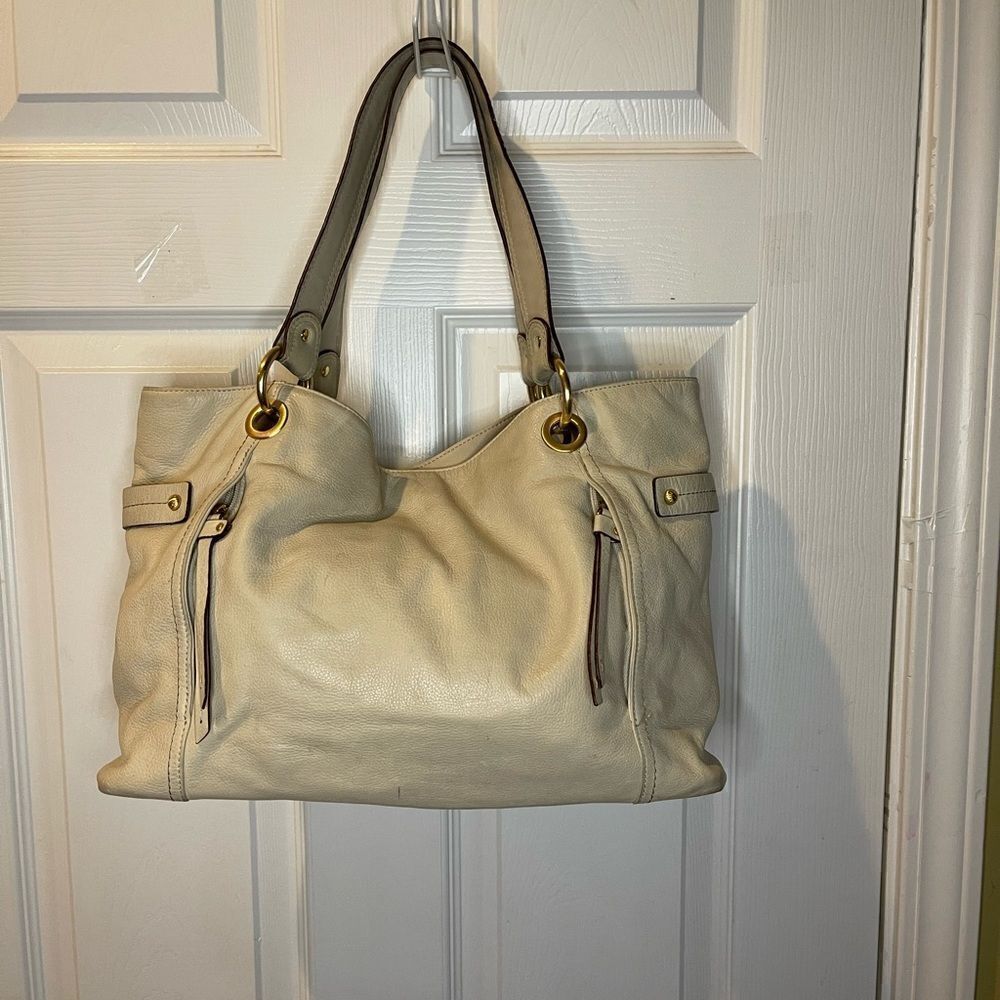 Liz Claiborne Leather Beige Large shoulder bag gold tone brass hardwares .